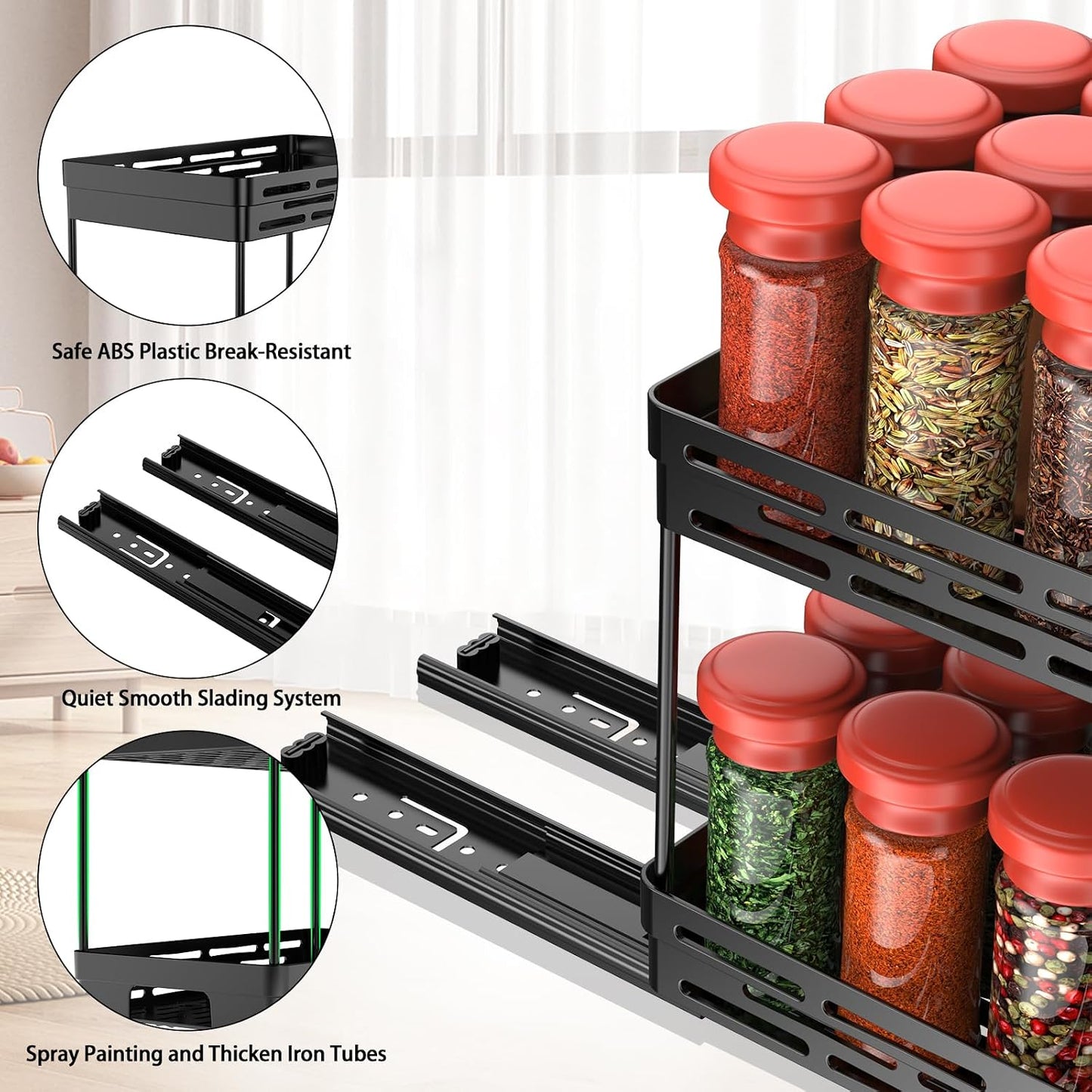 Pull Out Spice Rack Organizer for Cabinet, 3 Packs Slide Out Spice Racks Organizer, Spice Cabinet Organizers, Cabinet Size Need:12'' Highx11'' Deepx5'' Wide,Each Tier Hold 10 Spice Jar - 2 Tier, Black