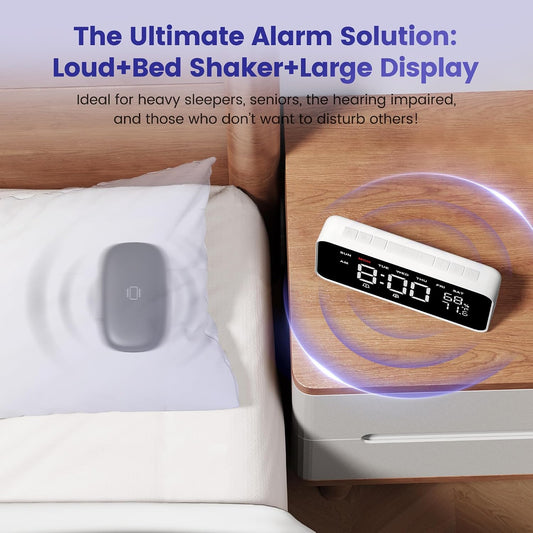 Dekala Bed Shaker Loud Alarm Clock for Heavy Sleepers Adults, Vibrating Dual Alarm Clocks for Bedrooms, Large Display Auto Dimmer,Temperature & Humidity Detect, 7-Day Programmable, Ideal Gift