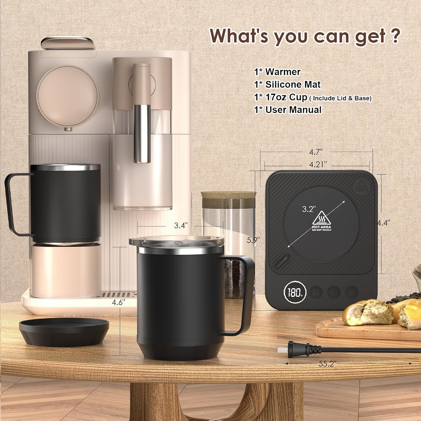 Felibeaco Coffee Mug Warmer & Mug Set for Desk, Smart Coffee Cup Warmer with 16oz Heated Mug, Cup Heater with Auto Shut Off for Office/Home, Coffee Gifts for Women/Men/Dad on Father‘s Day, Red