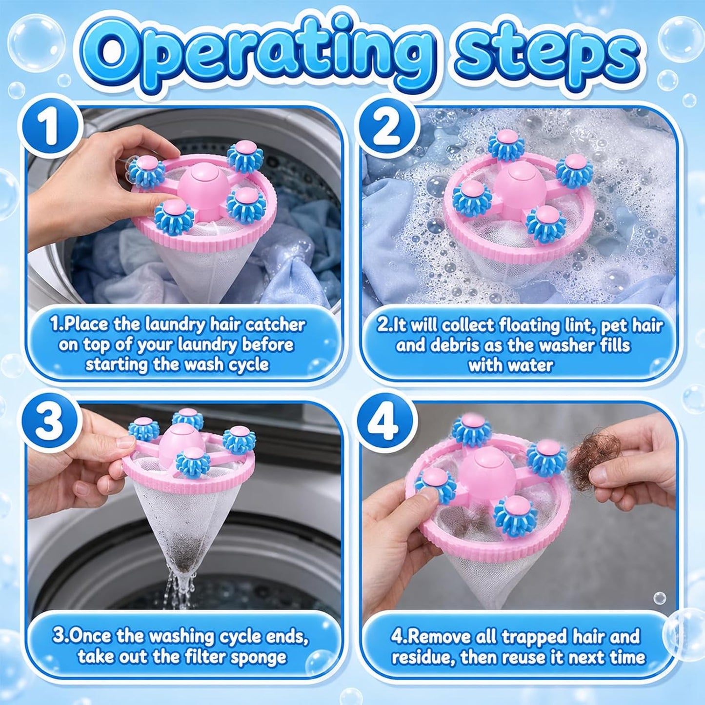 3-Pack Washing Machine Floating Hair Filter Mesh Bag, Reusable Lint Catcher, Pet Dog Cat Hair Remover for Laundry