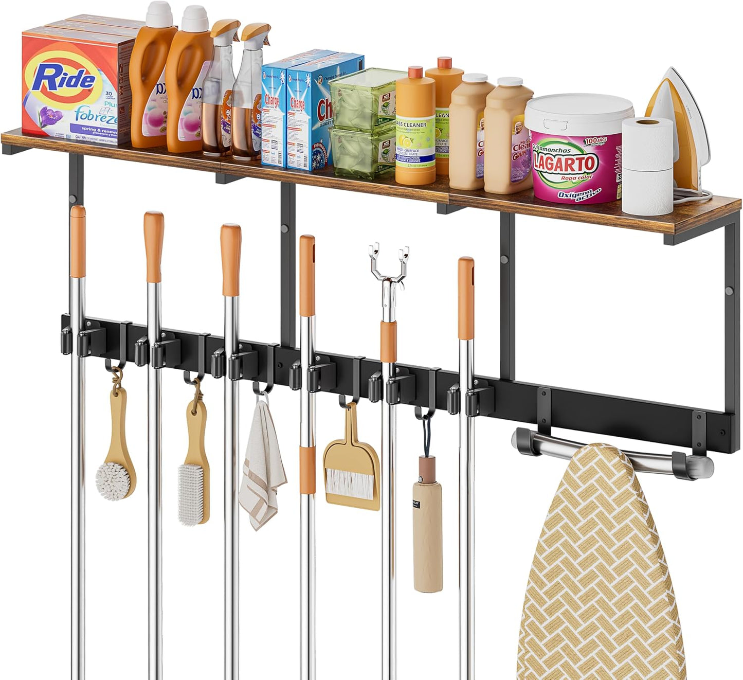 Broom Holder Wall Mount with Cleaning Supplies Organizer, Laundry Room Organization and Storage Shelves with Mop Hanger Rack Gripper Hooks, Utility Shelf Closet Organizer for Home Garage Kitchen