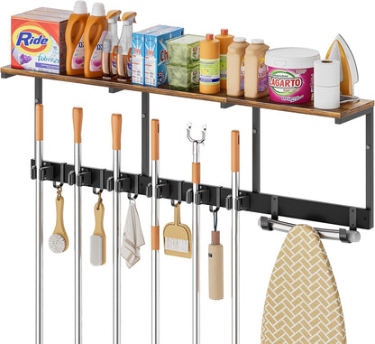Broom Holder Wall Mount with Cleaning Supplies Organizer, Laundry Room Organization and Storage Shelves with Mop Hanger Rack Gripper Hooks, Utility Shelf Closet Organizer for Home Garage Kitchen