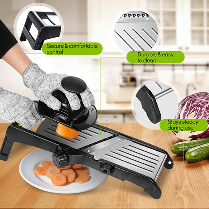 MASTERTOP Mandoline Slicer, 5 in 1 Mandoline Food Slicer, Dishwasher Safe | Stainless Steel Mandoline Slicer, Adjustable Vegetable Slicer for Fruit, Cheese, Send Cut Proof Gloves & Cleaning Brush