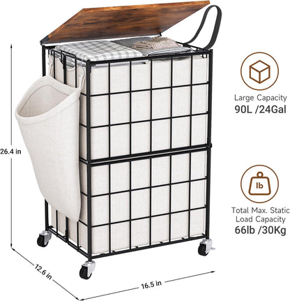 90L Laundry Basket with Wheels, Large Capacity Laundry Hamper with Removable Liner Bags, Heavy Duty Laundry Sorter with Solid Wood Lid & Leather Handles, Grey