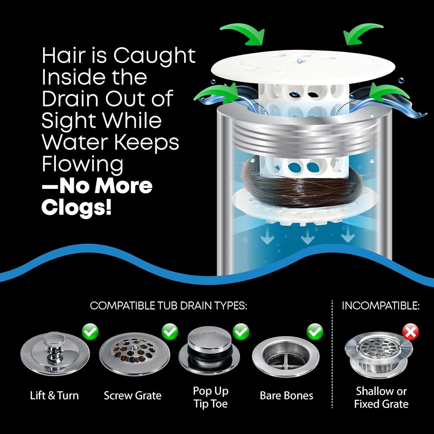 TubShroom Bathtub Drain Hair Catcher – in-Drain Tub Strainer & Clog Prevention Protector, Fits Standard 1.4”–1.75” Tub Drains, Easy Clean, Captures Human & Pet Hair Out of Sight (Gray)