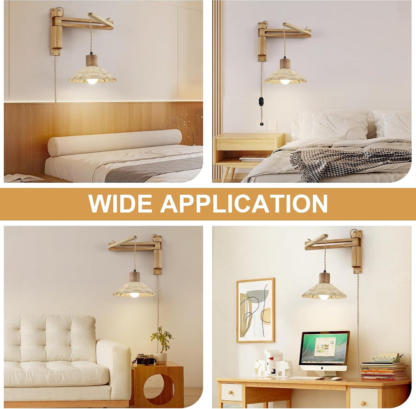 maesta Plug in Wall Lamp, Wood Swing Arm Wall Sconce for Bedroom | Swing Arm Wall Lamp, Natural Wood Finish with Corded Plug In Design, Dimmable Switch and Bulb Included for Bedroom Bedside