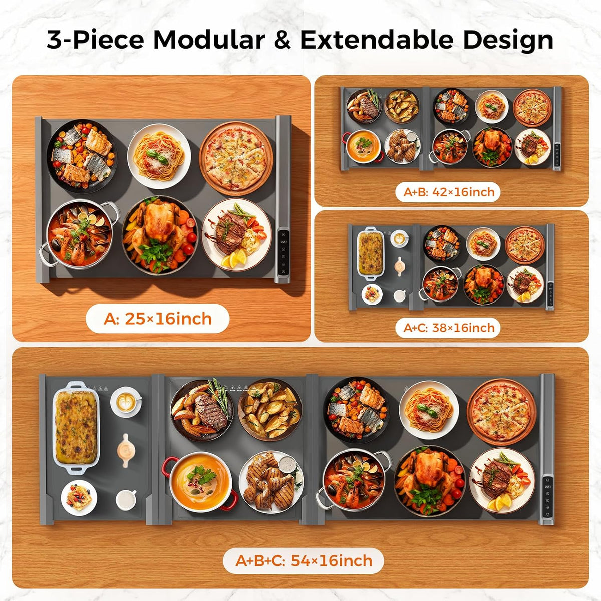 3-in-1 Expandable Warming Mat for Food, 7 Temp & 6H Timer, 54" x 16", Gray