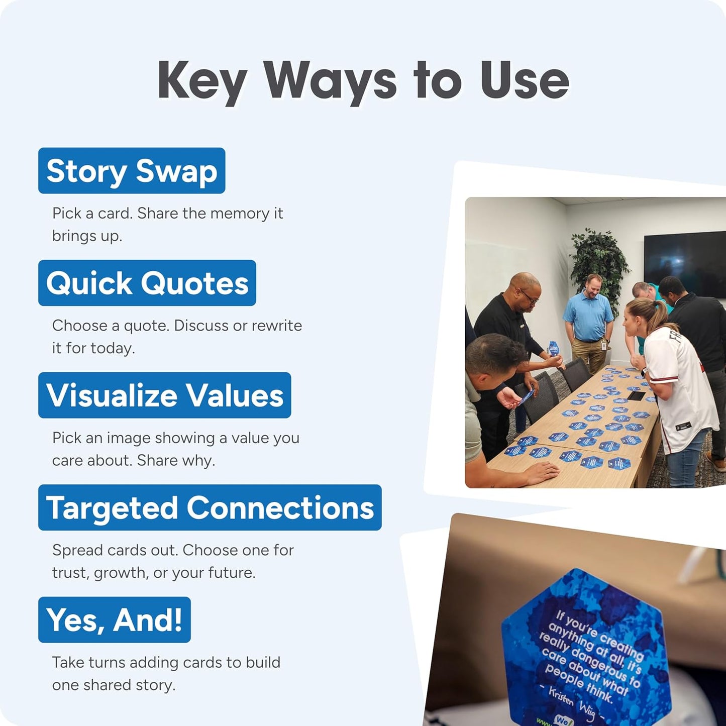 We! Connect, Ice Breaker Conversation Cards for Teams,10+ Activities | 20 fun, 20 deep & 20 self-reflection cards with10-plus activity guides & videos for workplace & education, featured by TEDx