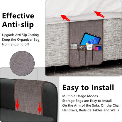Remote Control Holder, Anti Slip Armchair Caddy Couch Caddy with 5 Pockets | Remote Holder Couch Caddy with 5 Pockets for Storage Accessories Bedside Organizer Senior Gifts (Beige,35''x12.4'')