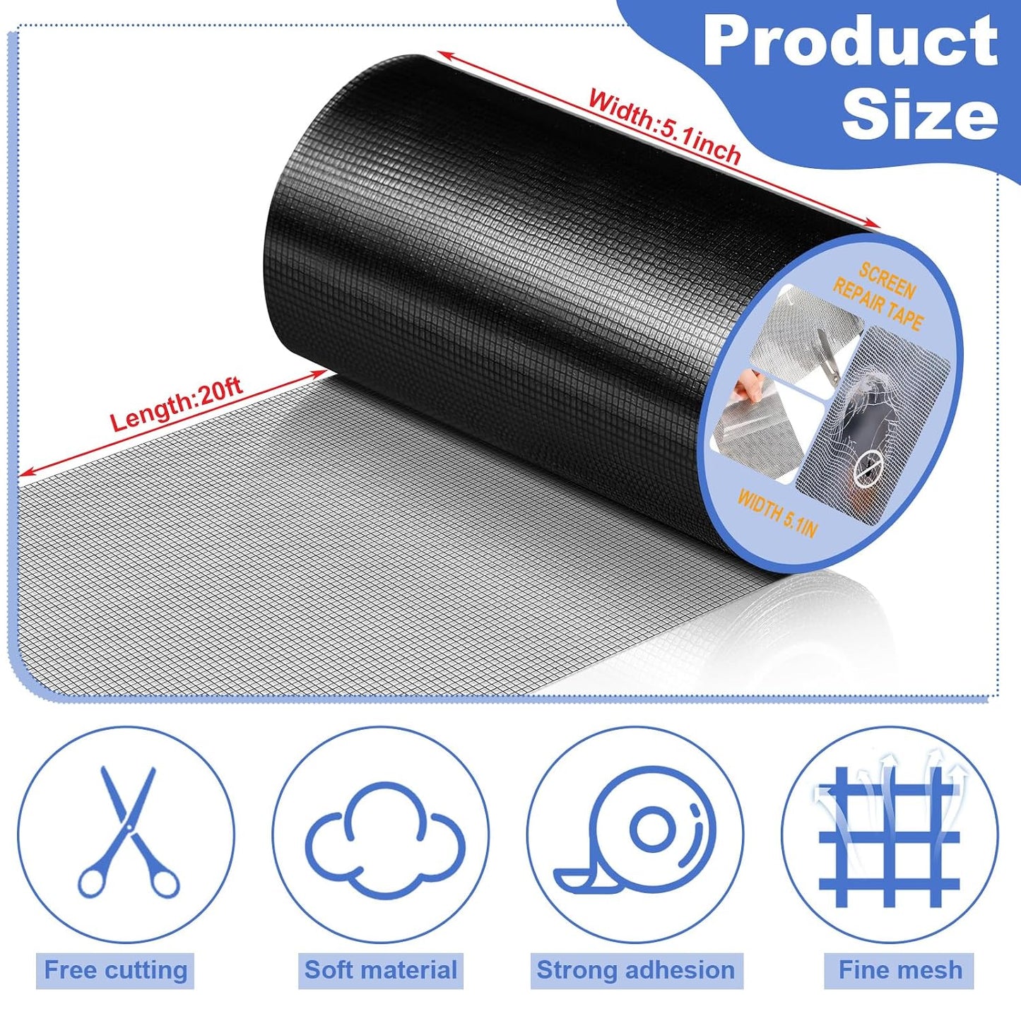 CroBlissful 5 Inch X 20 ft Extra Wide Window Screen Tape Mesh Repair, Gray | Strong Adhesive, Waterproof Fiberglass, Screen Repair Kit Patch, for Window Door Tears Holes