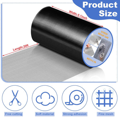 CroBlissful 5 Inch X 20 ft Extra Wide Window Screen Tape Mesh Repair, Gray | Strong Adhesive, Waterproof Fiberglass, Screen Repair Kit Patch, for Window Door Tears Holes