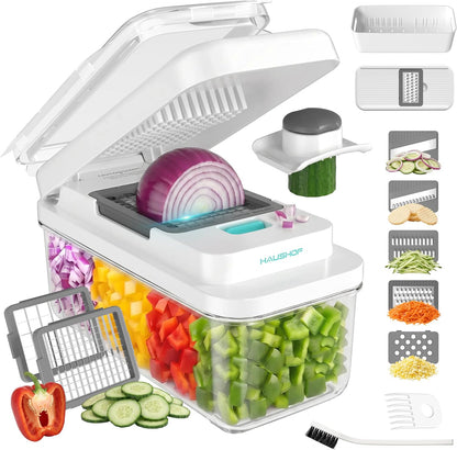 HAUSHOF 9-in-1 Vegetable Chopper & Mandoline Slicer, 7 Blades, Drain Basket | Food and Veggie Chopper and Dicer, Grater, Kitchen Prep Tool with Container, Safety Holder, Interchangeable Blades