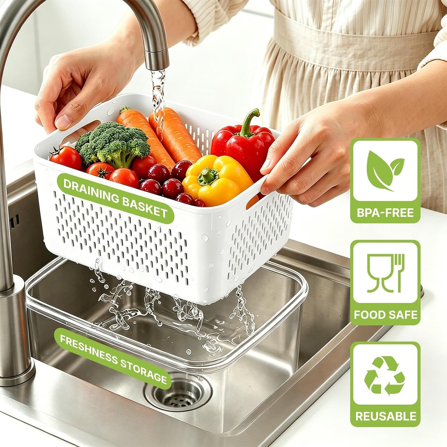 5 Pack Large Fruit Storage Containers for Fridge, Leakproof Produce Containers with Removable Colanders, Dishwasher Safe Fridge Organizers and Storage, Keep Berry, Vegetables Fresh Longer