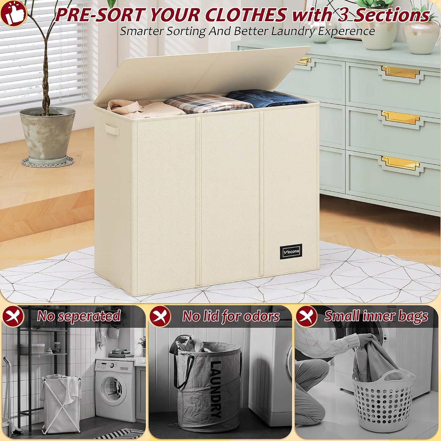 195L Laundry Hamper 3 Section,Large Laundry Hamper with Lid,Dirty Clothes Hamper with 3 Inner Bags,Collapsible Laundry Basket Organizer for Laundry Room,Bedroom,Laundry Sorter Hamper 3 Compartment