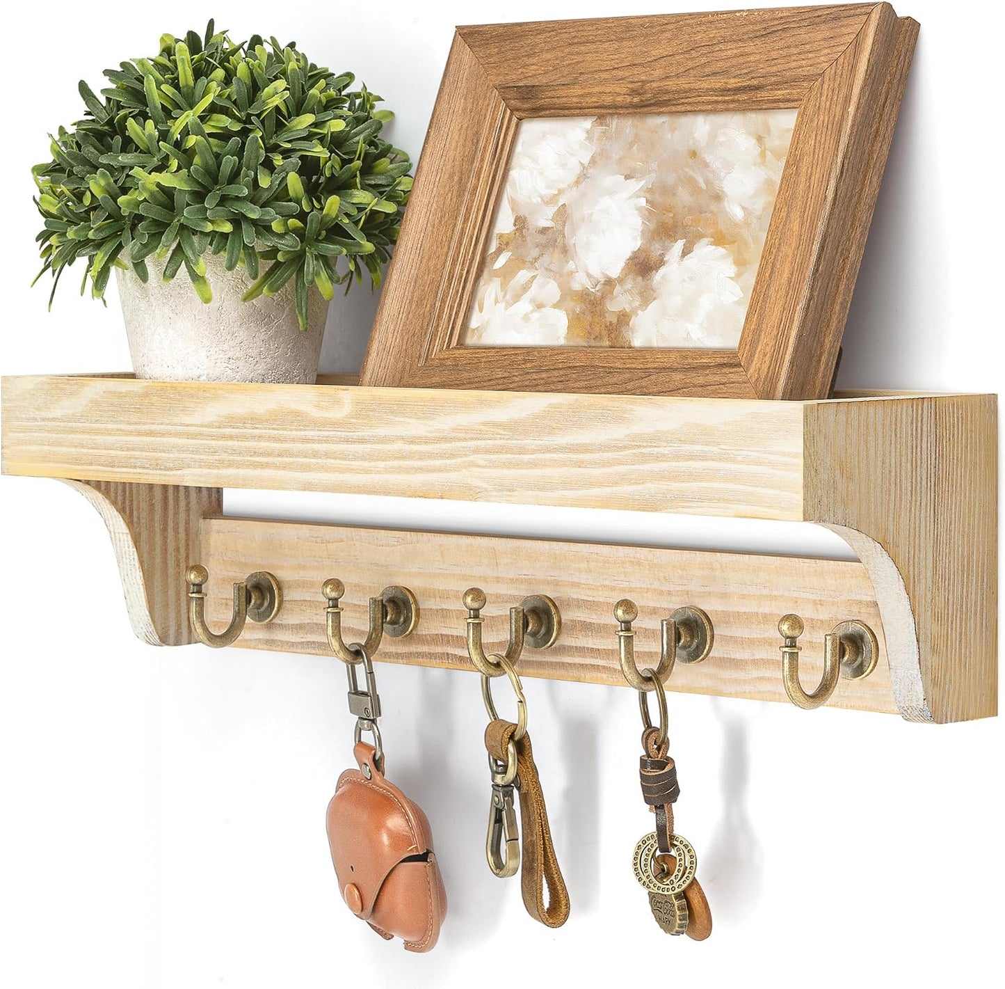 Rebee Vision Key Holder Wall Mount with 5 Hooks for Entryway, Retro Brown | Display Shelf for Plant & Letters, Key Shelf for Hats, Dog Leashes, Mail Organizer, Decorative Entryway & Living Room