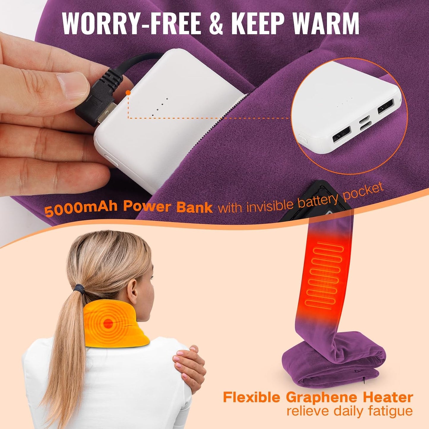 Girasol Heated Neck Wrap Heated Scarf for Neck Pain Relief, Neck Heating Pad with 5000mAh Power Bank, Cordless Thermal Neck Brace Electric Heated Neck Warmer with 3 Heating Levels (Purple)