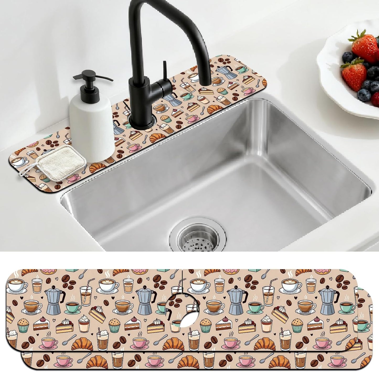 2 Pcs Kitchen Sink Splash Guard Faucet Mat Wood Grain Pattern Faucet Mat for Sinks Natural Wood Color Absorbing Drying Mats for Kitchen Bathroom, 23.6x5.5inch