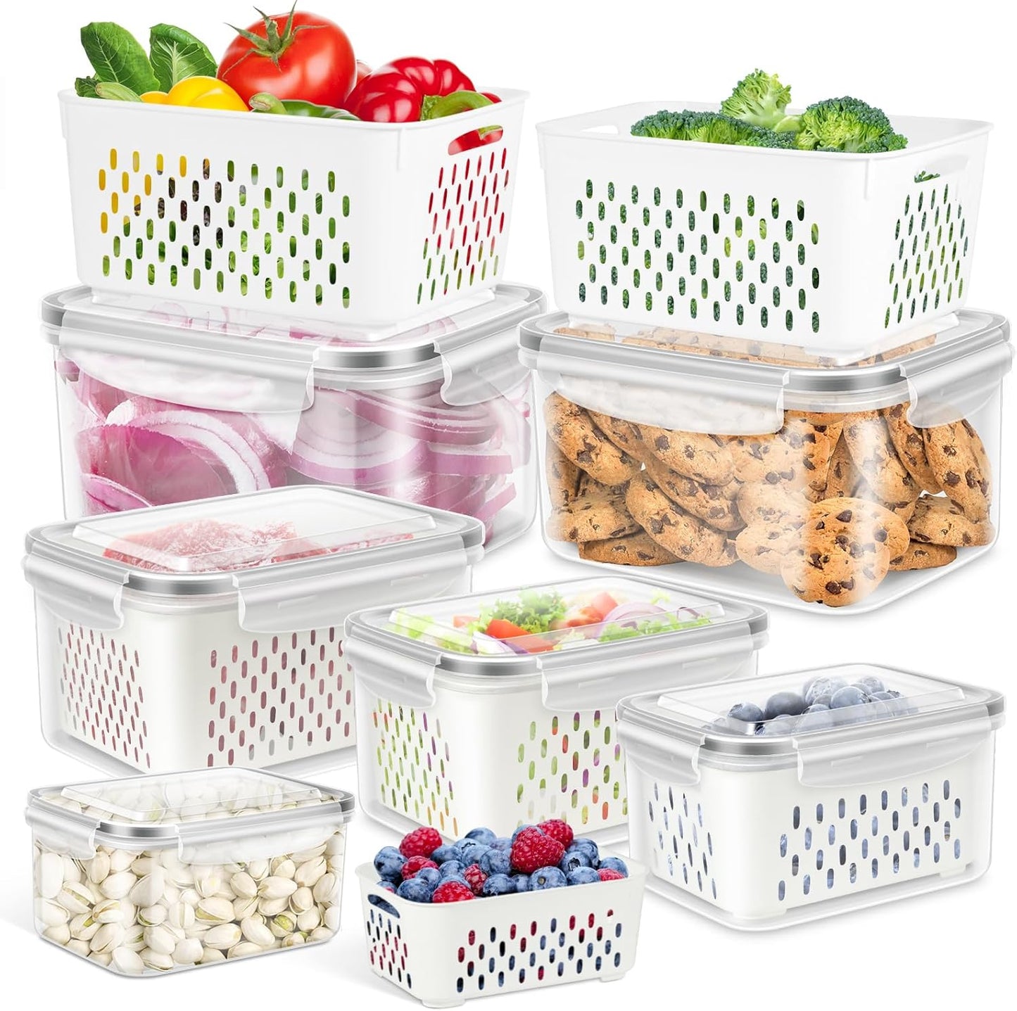 5 Pack Fruit Storage Containers for Fridge Berry Keeper Produce Saver | Leak-proof Food Container Set with Colander Veggie Keep Fresh BPA Free Plastic Refrigerator Organizer Freezer Dishwasher Safe