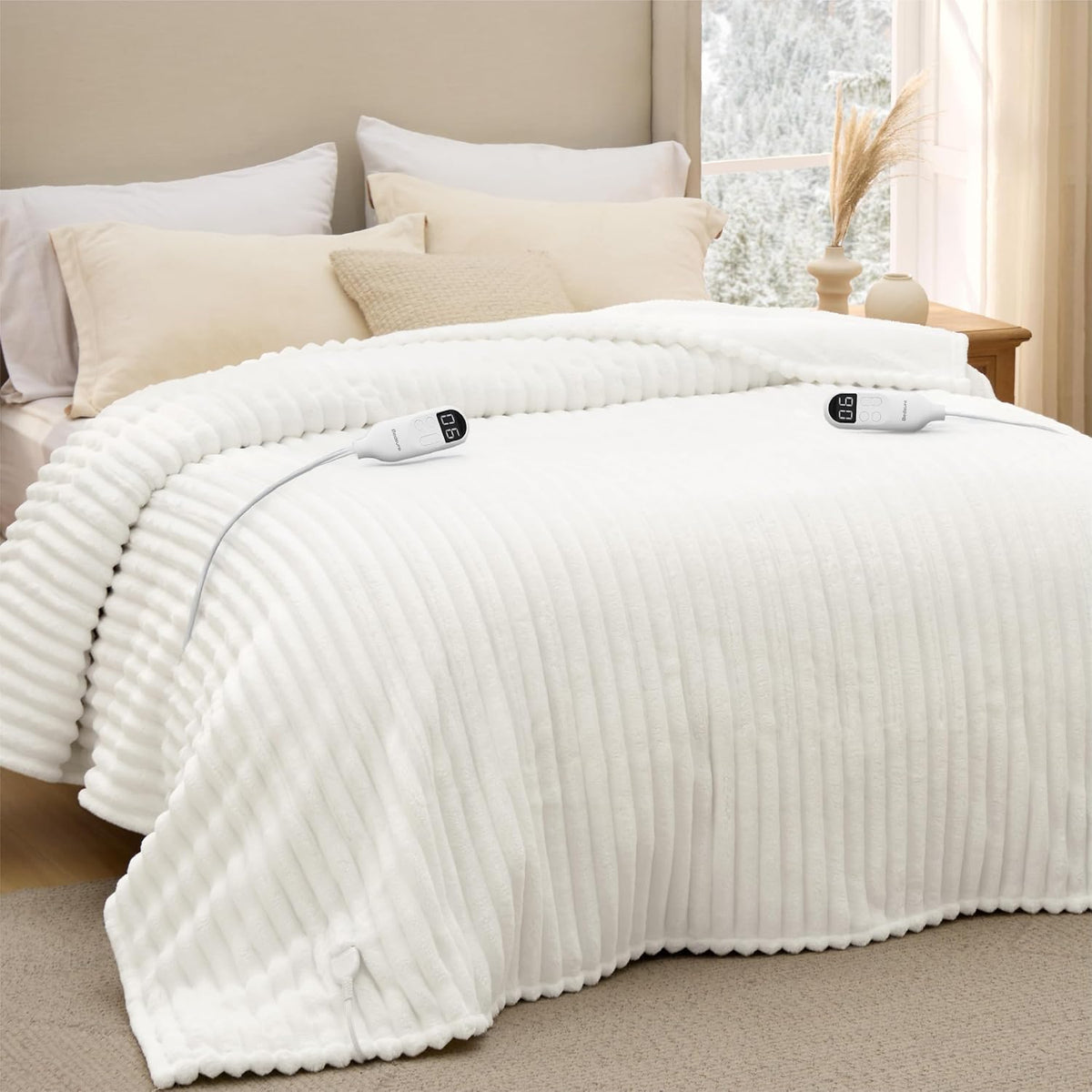 Bedsure Heated Blanket Electric Throw - Thick Striped Fast Heating Electric Blanket with Preheat Function, 6 Heat & 6 Timer (Up to 10H), 8H Auto Off, ETL Certified, Gifts for Women (50"x60", White)