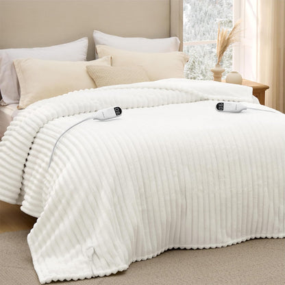 Bedsure Heated Blanket Electric Throw - Thick Striped Fast Heating Electric Blanket with Preheat Function, 6 Heat & 6 Timer (Up to 10H), 8H Auto Off, ETL Certified, Gifts for Women (50"x60", White)