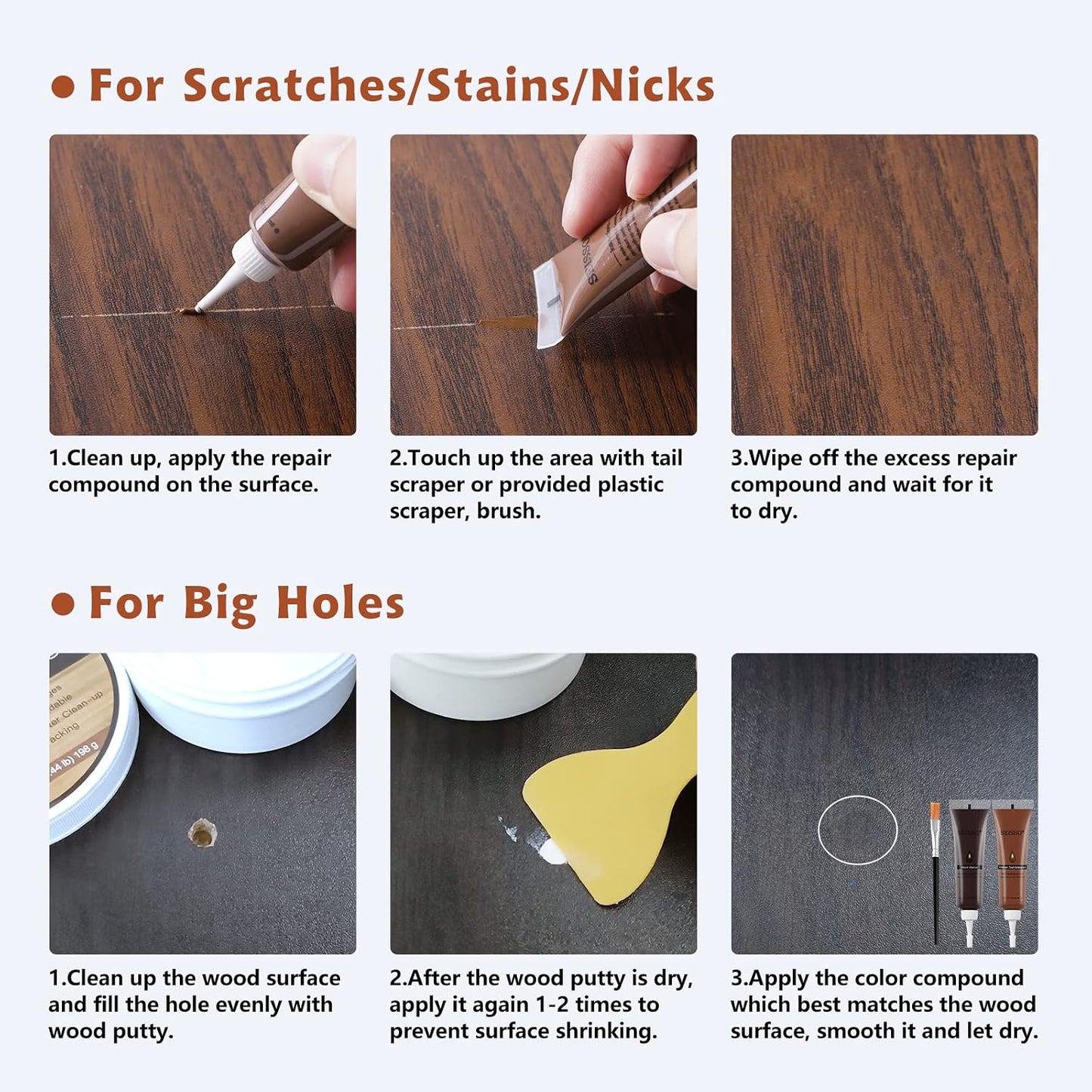SEISSO Furniture Repair Kit - Set of 42 - Wood Repair Kit Wood Fillers, Furniture Scratch Repair Markers and Wax Sticks with Scraper, Brushes, for Scratches, Stains, Wood Floor, Laminate, Cabinet
