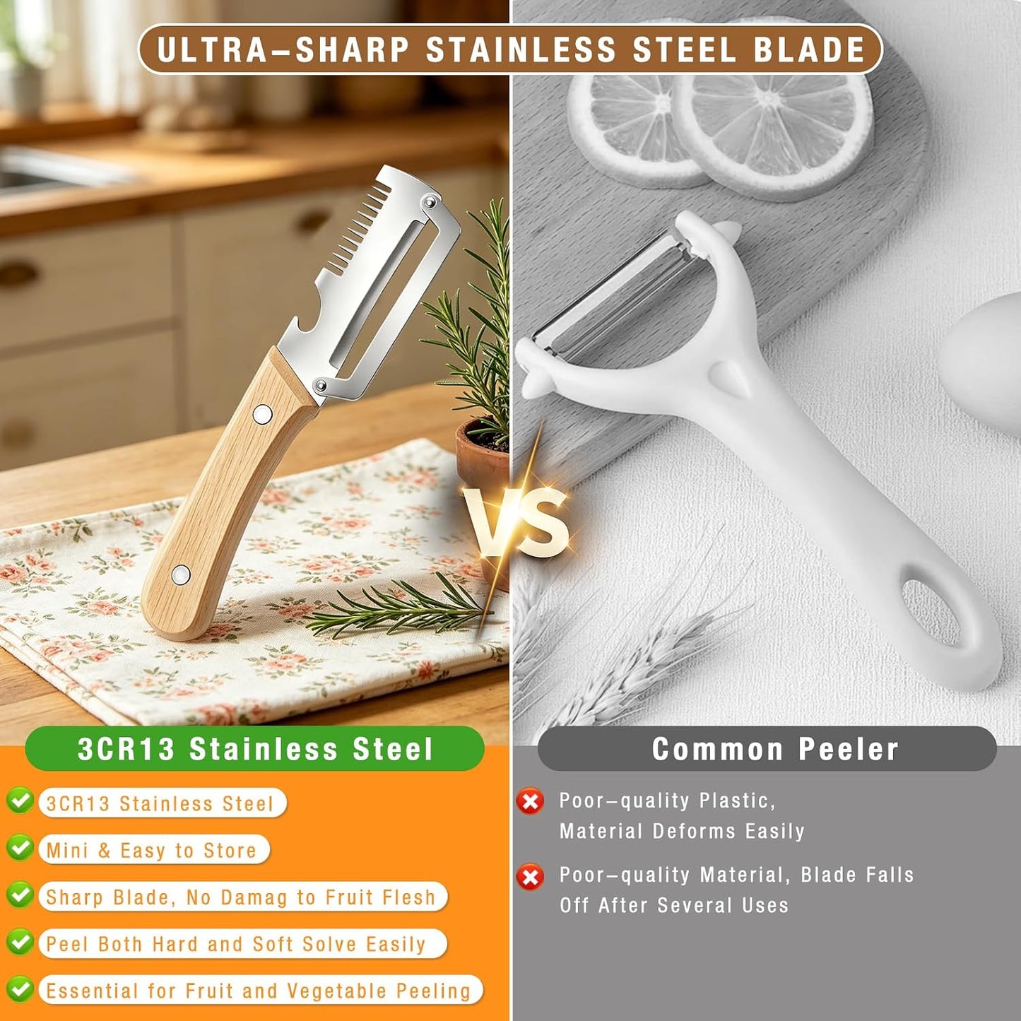 2 Pack Multifunctional Vegetable Peeler, 3 in 1 Kitchen Peeler with Bottle Opener and Wooden Handle, Kitchen Gadgets Tool for Fruit Pumpkin Peeling Potato Carrot Veggie Peeler