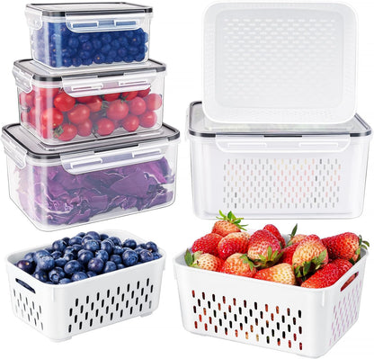 Fruit Storage Containers for Fridge with Removable Colander 10 | Airtight Food Storage Container Dishwasher Safe Produce Saver for Refrigerator Keep Berry Fruit Fresh Longer Large Clear