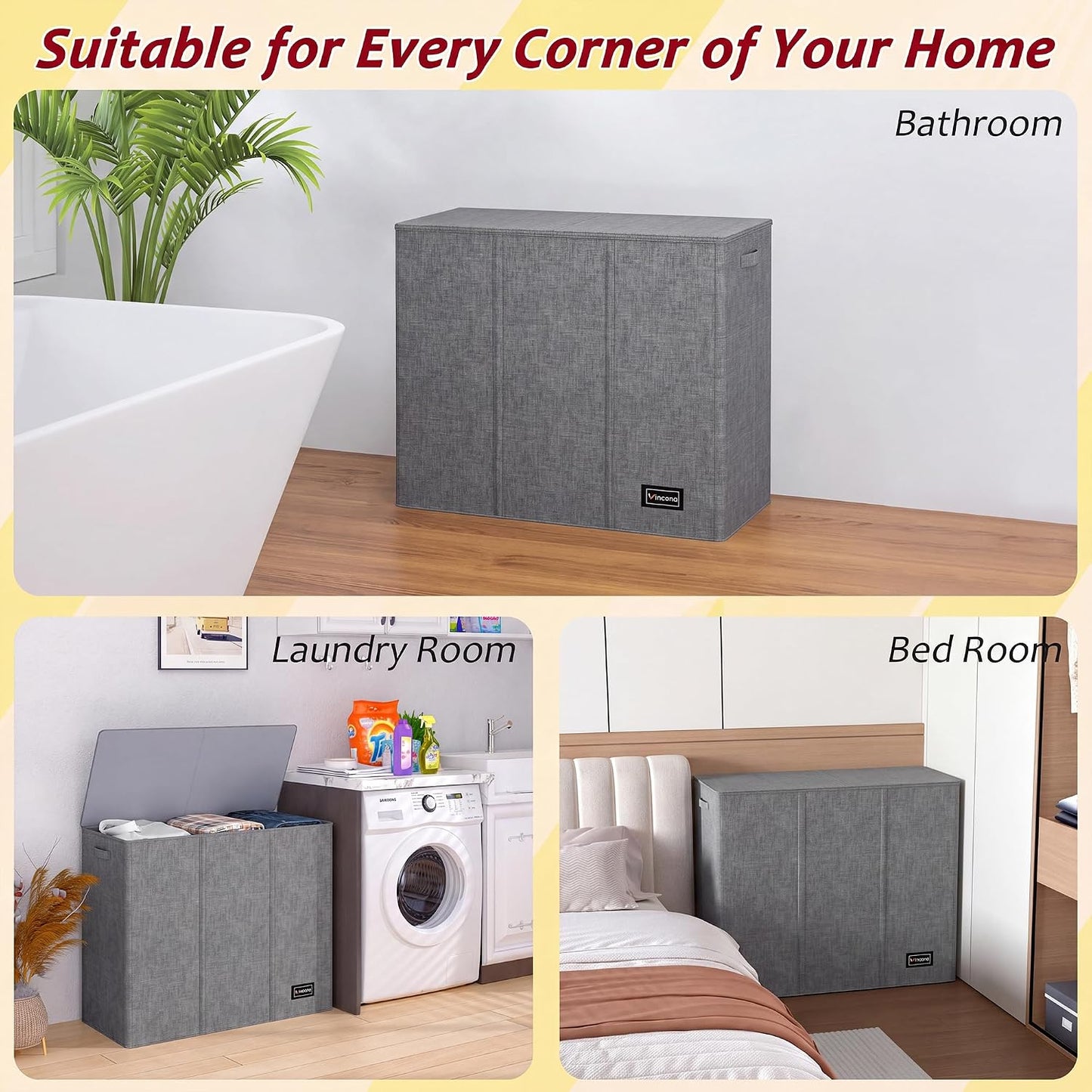 195L Laundry Hamper 3 Section,Large Laundry Hamper with Lid,Dirty Clothes Hamper with 3 Inner Bags,Collapsible Laundry Basket Organizer for Laundry Room,Bedroom,Laundry Sorter Hamper 3 Compartment