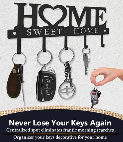 Key Holder Hooks Organizer Shelf Hanger Rack Wall Mounted Sweet Home Metal Decor Stylish and Practical for Entryway Front Door Kitchen Hallway Garage Mudroom Office Hardware Included Black