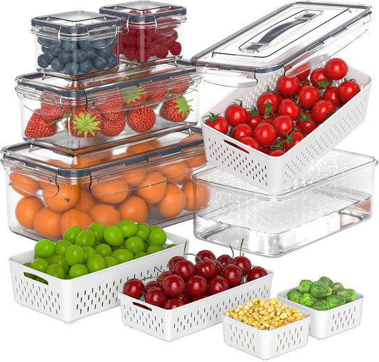 Anysig 5 Pack Fridge Fruit Storage Containers with Colander & Handle Lids | Airtight Fruit Containers for Fridge, Refrigerator Organizers and Storage, Dishwasher Safe, Keep Berry Fruit Fresh Longer