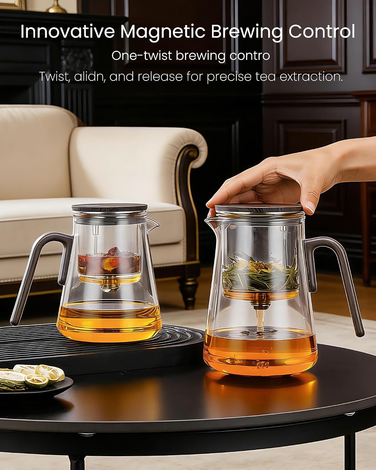 ZENS Magnetic Glass Infuser Teapot for Loose Tea, 27oz Walnut Wood Handle | Magic Teapot with Infuser, Echanted Tea Maker, Mess-Free Loose Leaf Tea Diffusers for Tea lover Gifts