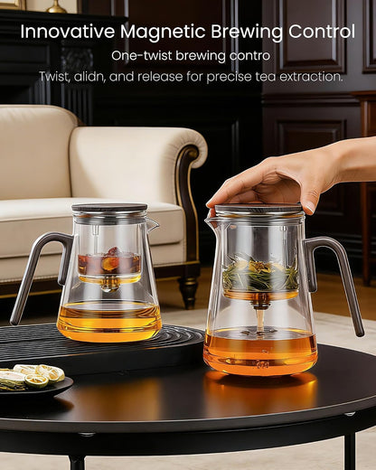 ZENS Magnetic Glass Infuser Teapot for Loose Tea, 27oz Walnut Wood Handle | Magic Teapot with Infuser, Echanted Tea Maker, Mess-Free Loose Leaf Tea Diffusers for Tea lover Gifts