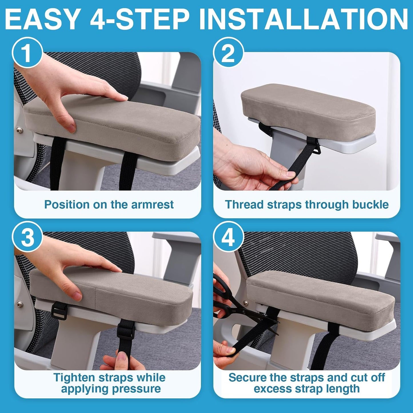 Smiry Memory Foam Office Chair Armrest Pads, Non-Slip Armrest Cushion | Ergonomic Arm Rest Pads with Adjustable Buckles and Straps, Elbow Relief for Desk, Gaming & Wheelchair, Black, Set of 2