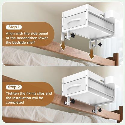 Bedside Shelf for Dorm Room, 2 Tier On Bed Side Table Loft Shelf for Bunk Bed, Bedside Tray with Cable Management, Under Mattress Bedside Shelf, Back to School