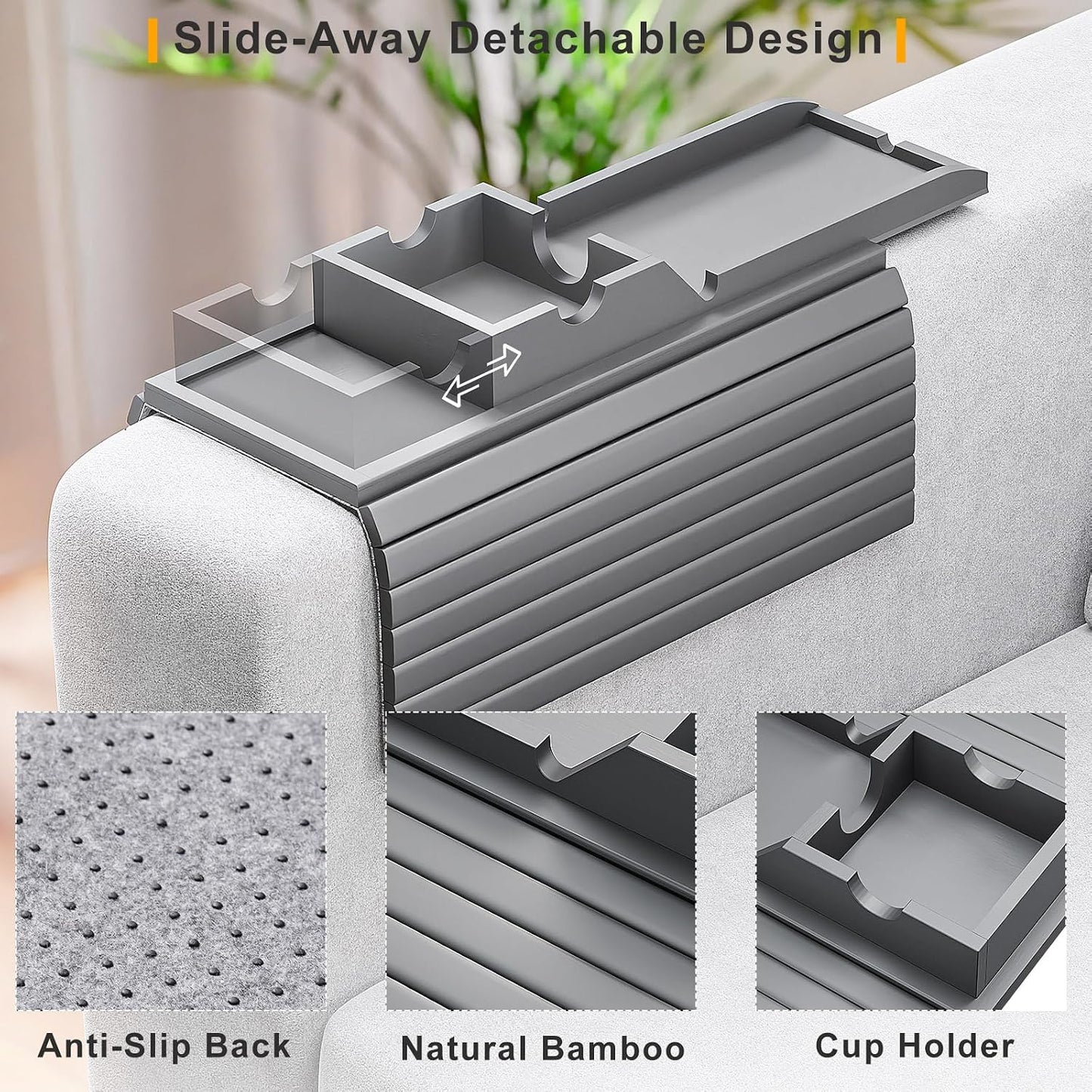 Bestjing Bamboo Sofa Armrest Tray - Couch Arm Tray with Detachable Couch Cup Holder - 2 in 1 Anti-Slip Foldable Sofa Armchair Caddy Table for Drinks Cellphone TV Remote Snacks