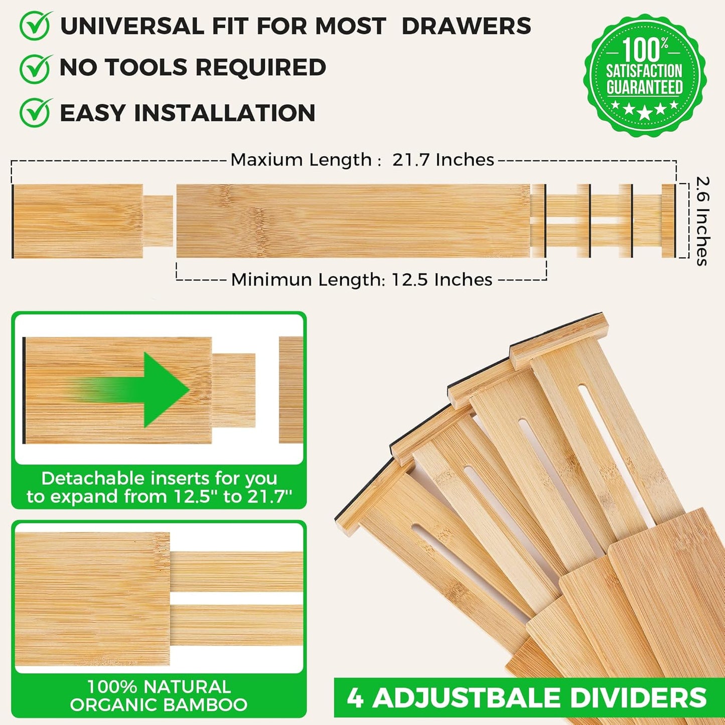 4 Pack Bamboo Drawer Dividers Organizer with Inserts 2.6'' High | Expandable from 12.5-21.7", Adjustable Drawer Organizer Separators for Utensils, Clothing, Office, Dresser, Bedroom, (Beige)