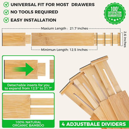 4 Pack Bamboo Drawer Dividers Organizer with Inserts 2.6'' High | Expandable from 12.5-21.7", Adjustable Drawer Organizer Separators for Utensils, Clothing, Office, Dresser, Bedroom, (Beige)