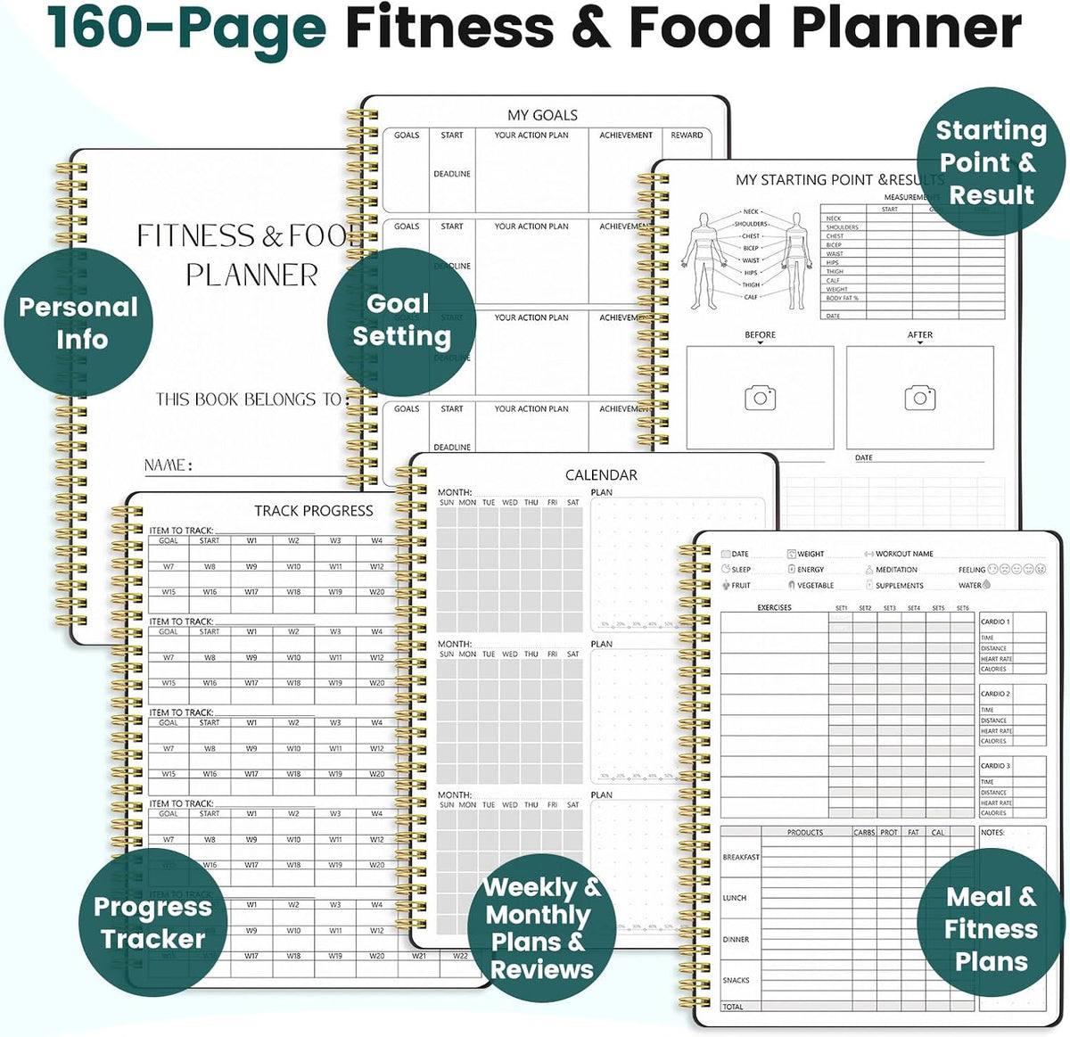 Fitness & Food Journal for Women, Undated 150-day Workout & Wellness Planner with Measuring Tape, Pink Weight Loss Journal for Setting Goals Tracking Exercise Training Diet Progress (9.5’’*7’’)