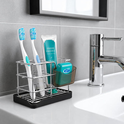 HBlife Toothbrush Holders for Bathrooms Black, Small Stainless Steel Bathroom Toothbrush Holder with Tray, Bathroom Accessories and Apartment Essentials