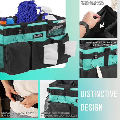 SCAVATA Wearable Cleaning Caddy Bag, Cleaning Caddy Supplies Organizer with Handle & Shoulder Straps for Housekeepers, Under Sink & Car Cleaning Tool Organizers with 4 Foldable Divider (Lake Blue)