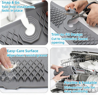 Silicone Faucet Handle Drip Catcher Beveled Drying Tray Mat Dish Soap Sponge Holder Accessories Gadgets for Kitchen Counter Bathroom Kitchen Sink Splash Guard (16.9")