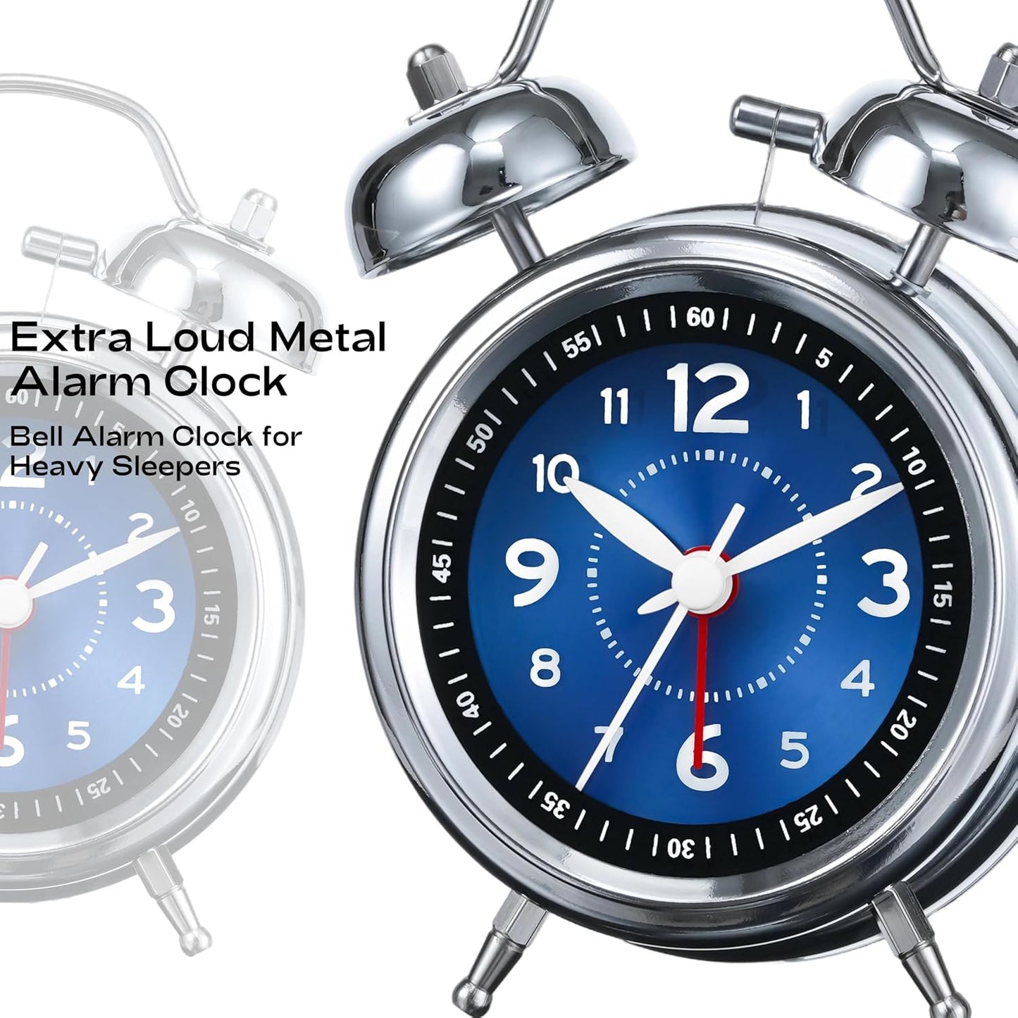 AKCISOT Loud Alarm Clock for Heavy Deep Sleepers, 4.5 Inches Analog Metal Twin Bell Clocks Battery Operated with Backlight for Bedroom Beside, Old Fashioned for Home Desk Decoration(Blue)