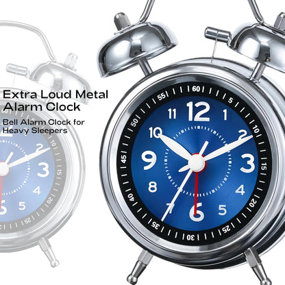 AKCISOT Loud Alarm Clock for Heavy Deep Sleepers, 4.5 Inches Analog Metal Twin Bell Clocks Battery Operated with Backlight for Bedroom Beside, Old Fashioned for Home Desk Decoration(Blue)