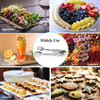 3PCS Mini Serving Tongs, 4Inch Rose Stainless Steel Sugar Cube Tongs, Sliver Small Ice Tong for Tea and Coffee Party, Appetizers, Desserts by Sunenlyst (Silver)