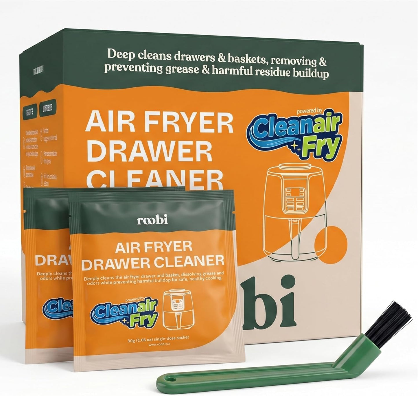 Roobi Air Fryer Cleaner, 6 Powder Sachets + Brush | Deep Cleans Drawer, Basket & Grill Without Scrubbing, Coating-Safe, Food-Contact Safe, Organic