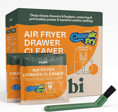 Roobi Air Fryer Cleaner, 6 Powder Sachets + Brush | Deep Cleans Drawer, Basket & Grill Without Scrubbing, Coating-Safe, Food-Contact Safe, Organic