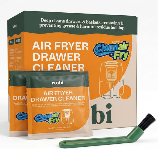 Roobi Air Fryer Cleaner, 6 Powder Sachets + Brush | Deep Cleans Drawer, Basket & Grill Without Scrubbing, Coating-Safe, Food-Contact Safe, Organic