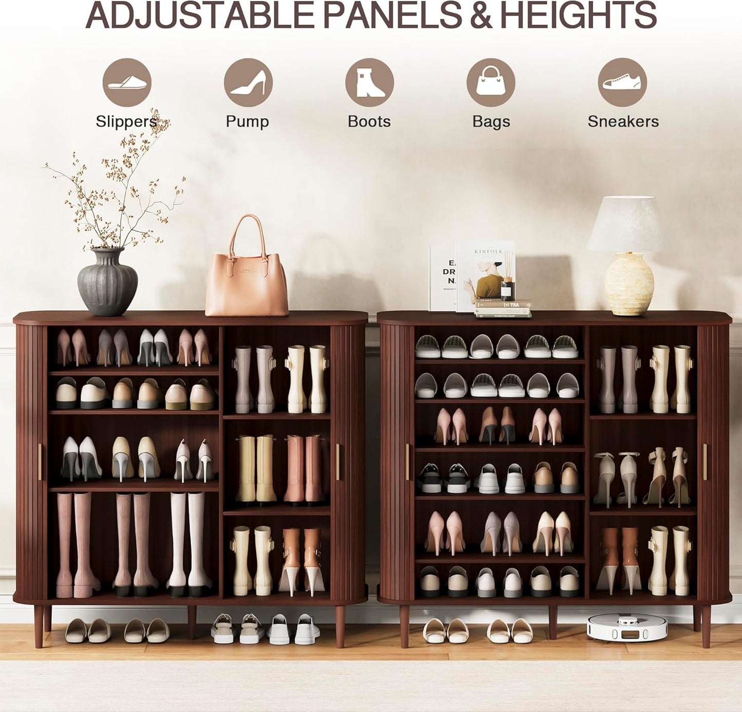 DHH Shoe Storage Cabinet with Sliding Door, 6-Tier Shoe Cabinet with Adjustable Shelves, Modern Freestanding Shoe Storage Organizer for Entryway, Hallway, Living Room (Walnut, 47 ")