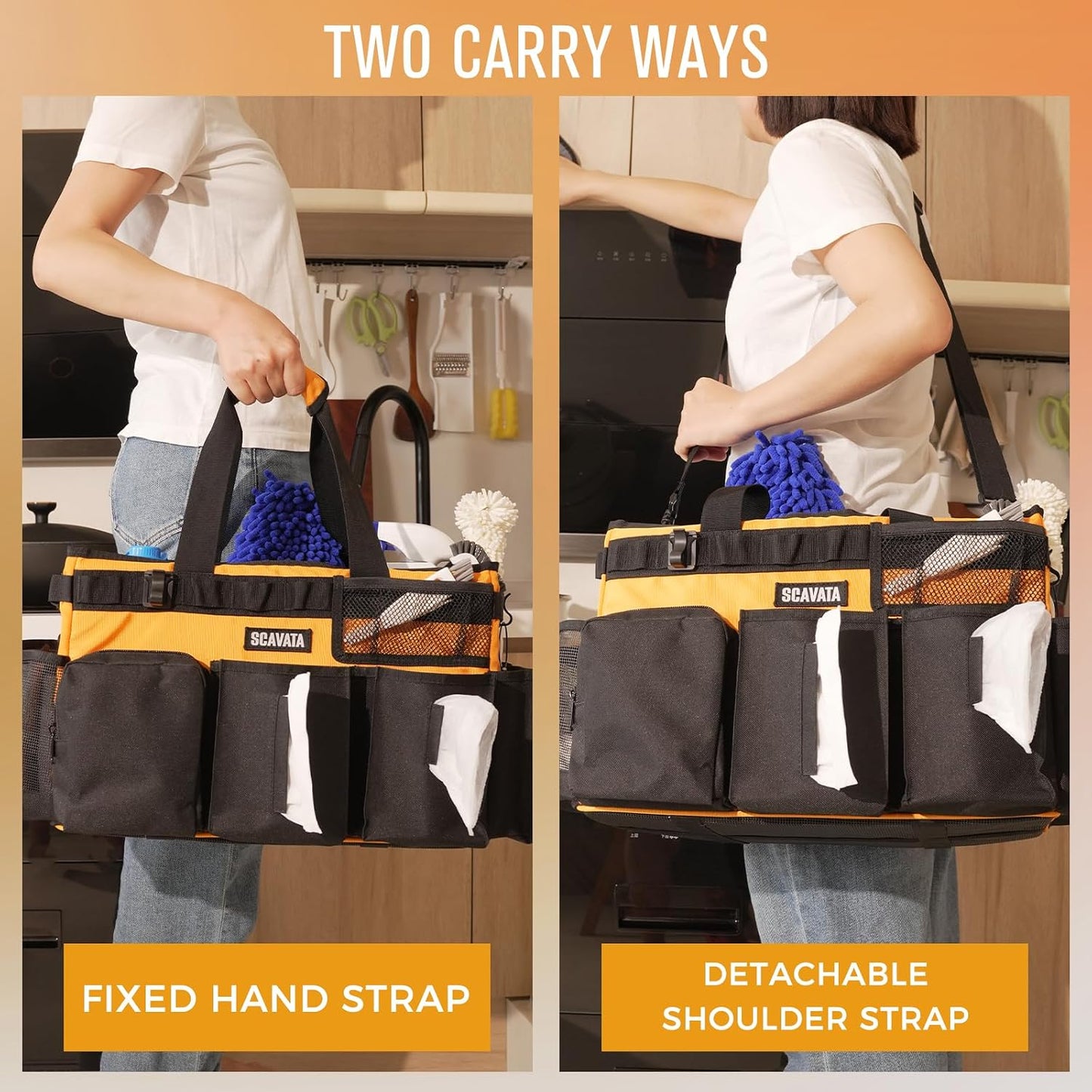 SCAVATA Wearable Cleaning Caddy Bag, Cleaning Caddy Supplies Organizer with Handle & Shoulder Straps for Housekeepers, Under Sink & Car Cleaning Tool Organizers with 4 Foldable Divider (Lake Blue)