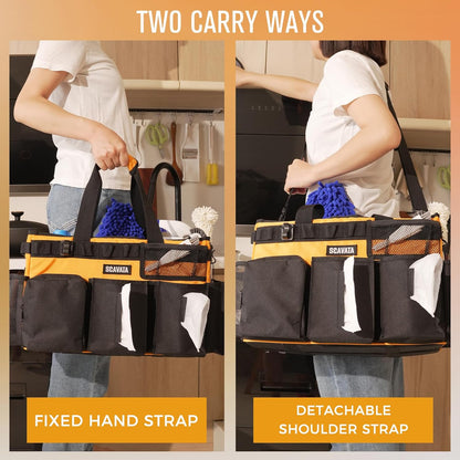 SCAVATA Wearable Cleaning Caddy Bag, Cleaning Caddy Supplies Organizer with Handle & Shoulder Straps for Housekeepers, Under Sink & Car Cleaning Tool Organizers with 4 Foldable Divider (Lake Blue)